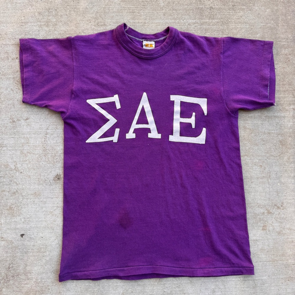 Vintage 70s Russell Athletic Gold Tag Sigma Alpha Epsilon SAE Purple T-Shirt